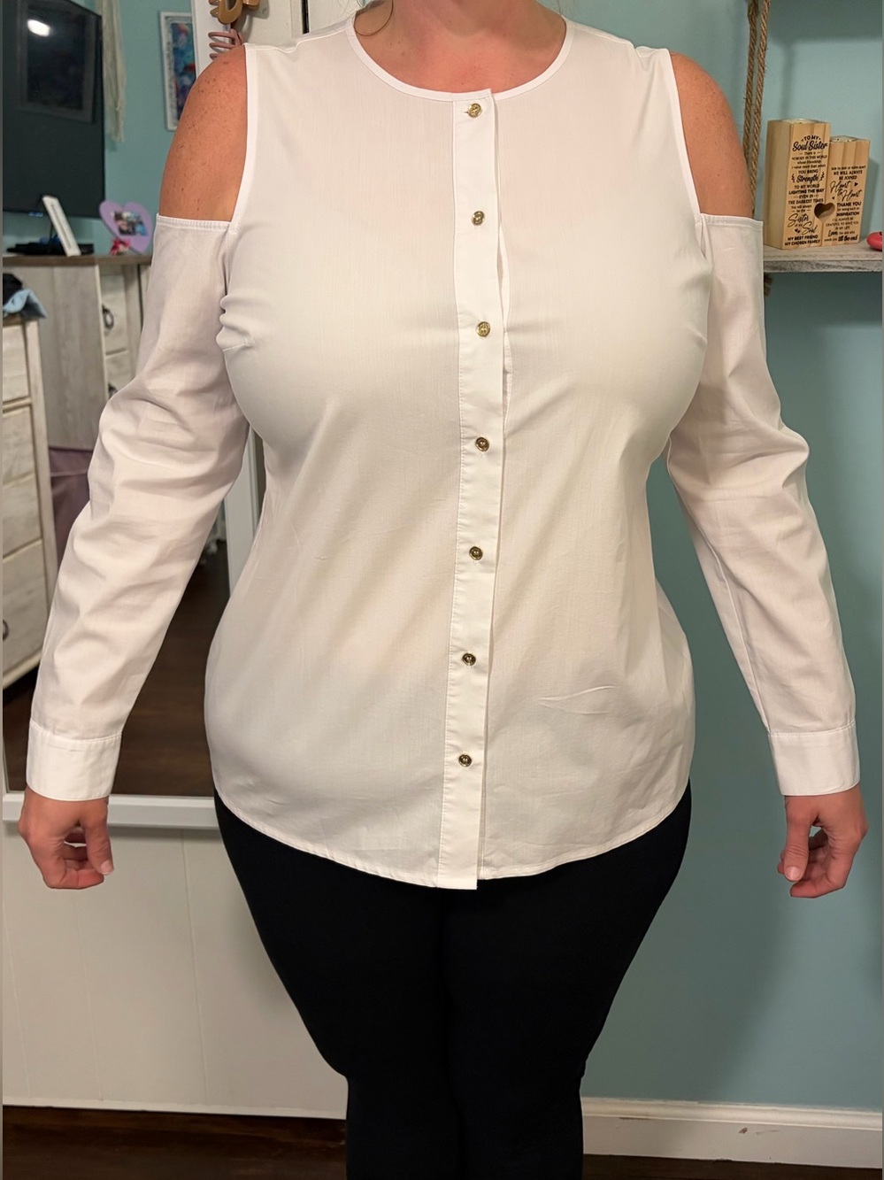 Michael Kors White Cold-Shoulder Button-Down Blouse